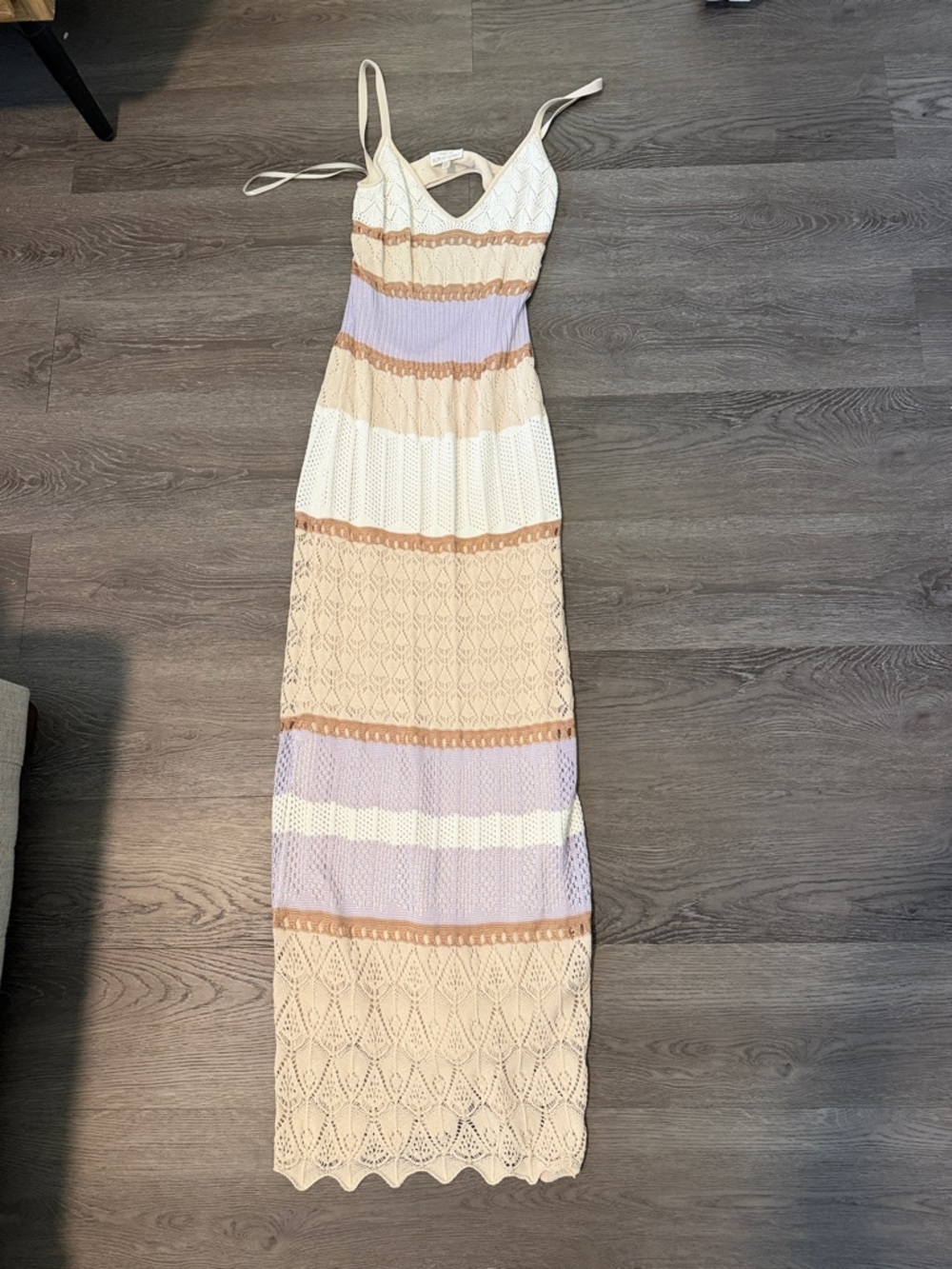 Torn by Ronny Kobo Striped Crochet Maxi Dress in Cream, Lavender and Tan